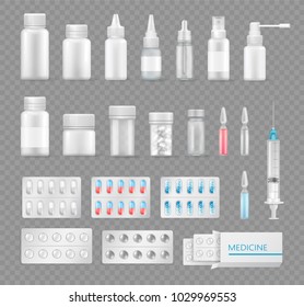 Medicines empty bottles and clean syringes set. Empty containers for medicines and syrups isolated vector illustrations on transparent background.
