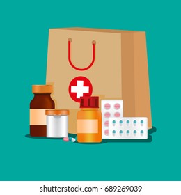 Medicines first aid kit of medical pills or capsules, medication treatment bottles and ointment vial with caps in paper bag with ambulance red cross for healthcare design. Vector flat illustration