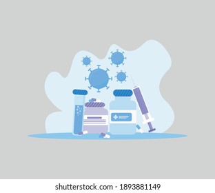 Medicines flat illustration with flat medicine bottles, tablets and syringe or injection vector art design graphic template