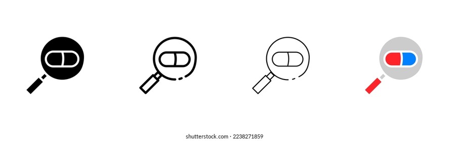 Conjunto de iconos de línea y plano de los medicamentos. Enfermedad, lupa, cápsula, inmunidad, médico, paciente, prescripción, tratamiento, recomendaciones, consejo. Concepto de salud. Conjunto de iconos de línea plana y negra del vector