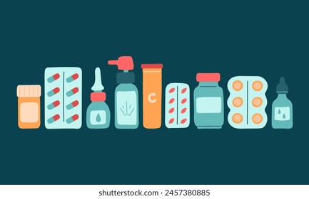 Medicines for flu and colds, fever, viruses and bacteria are standing in row. Medications for treatment . Pills, tablets, sprays, drops. Isolated vector hand drawn illustration