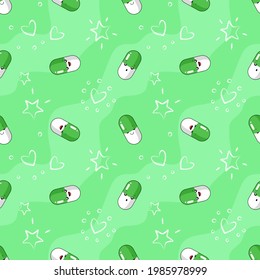 Medicines, green and white emoji pills on a green background with hearts and stars. Antibiotics, antidepressants, vitamins, analgesics. Print, printing on fabric. Seamless pattern. Vector illustration