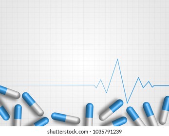 Medicines and heartbeat line on grid background represent medical and health care concept. Technology Background. Vector Illustration.
