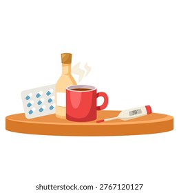Medicines, hot drink, bottle and thermometer on wooden table, flat on white background, concept of sickness. Vector illustration