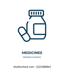 Medicines icon. Linear vector illustration from research  science collection. Outline medicines icon vector. Thin line symbol for use on web and mobile apps, logo, print media.