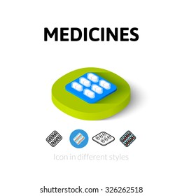 Medicines icon, vector symbol in flat, outline and isometric style