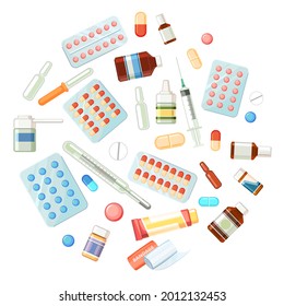  Medicines. Illustration with bottles, tablets, capsules, ampoules, thermometer. Medicinal drugs. Pharmaceuticals. Ambulance. Pharmacy. Isolated on white background. Flat design. Vector