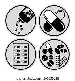 Medicines including tablets, pills & capsules - medical vector icon set