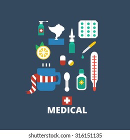 Medicines isolated on dark background. First aid for colds and flu. Medical vector background.