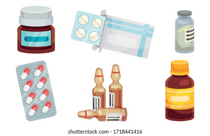 Medicines Like Tablets and Capsules Isolated on White Background Vector Set