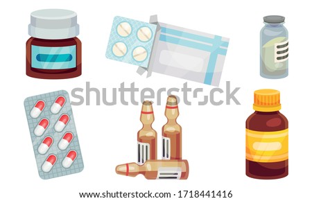 Medicines Like Tablets and Capsules Isolated on White Background Vector Set