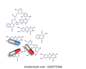 Medicines on chemistry formula as background represent medical and health care concept. Technology Background. Vector Illustration.
