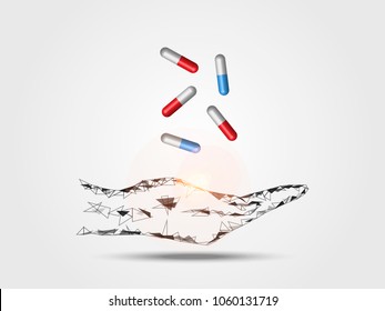 Medicines on hand represents  medical and health care concept. Technology Background. Vector Illustration.
