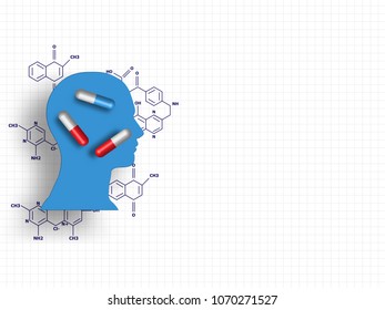 Medicines on human head model and chemistry formula on grid background represents  medical and health care concept. Technology Background. Vector Illustration.
