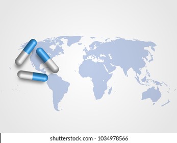 Medicines on world map as background represent medical and health care concept. Technology Background. Vector Illustration.
