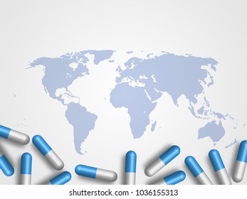 Medicines on world map as background represent medical and health care concept. Technology Background. Vector Illustration.
