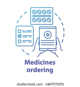 Medicines ordering service concept icon. Medical supplies delivery idea thin line illustration. Medications retail application business. Tablet, pills and checklist vector isolated outline drawing