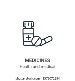 Medicines outline vector icon. Thin line black medicines icon, flat vector simple element illustration from editable health and medical concept isolated on white background