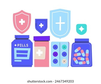 Arzneimittel in Packungen. Runde Tabletten und Blister, Gläser, Schilde, medizinisches Thema. Gesundheitsversorgung, Körperschutz, Schmerzmittel, Vitamine. Vektorgrafik flache Cartoon-Illustration.
