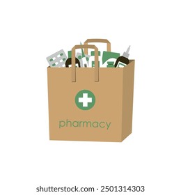 Medicines in Paper Bag. Pharmacy Online Sales Concept. Delivery. Buying Medicines at Pharmacy. Vector Illustration on White Background