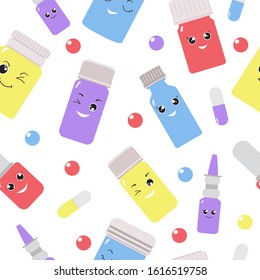 Medicines pattern with cute kawaii face and different emotions. Children hospital clip art, stickers. Isolated on white. Flat style, vector illustration.