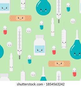 Medicines pattern with cute kawaii face and different emotions. Children hospital clip art, stickers. Isolated on green background.