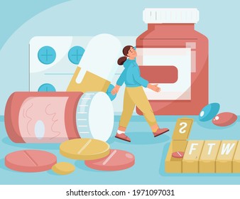 Medicines in pharmacy concept. Woman walks among huge bottles of medications, capsules, blisters, pills and boxes of vitamins. Healthcare, treatment, drugstore metaphor. Vector character illustration