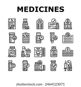 medicines pharmacy health medical icons set vector. prescription doctor, bottle pill, drug hospital, care treatment, drugstore medicines pharmacy health medical black contour illustrations