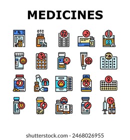 medicines pharmacy health medical icons set vector. prescription doctor, bottle pill, drug hospital, care treatment, drugstore medicines pharmacy health medical color line illustrations