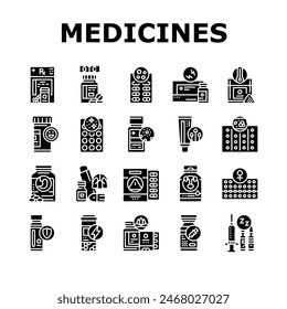 medicines pharmacy health medical icons set vector. prescription doctor, bottle pill, drug hospital, care treatment, drugstore medicines pharmacy health medical glyph pictogram Illustrations