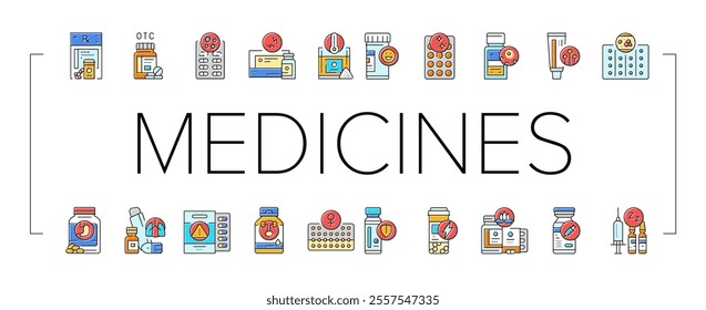 medicines pharmacy health medical icons set vector. prescription doctor, bottle pill, drug hospital, care treatment, drugstore medicines pharmacy health medical color line illustrations