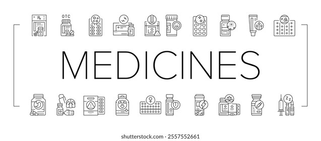 medicines pharmacy health medical icons set vector. prescription doctor, bottle pill, drug hospital, care treatment, drugstore medicines pharmacy health medical black contour illustrations