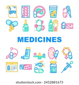 medicines pharmacy medical health icons set vector. prescription pill drug care, treatment doctor bottle hospital drugstore, tablet cure medicines pharmacy medical health color line illustrations