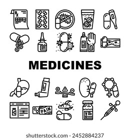 medicines pharmacy medical health icons set vector. prescription pill drug care, treatment doctor bottle hospital drugstore, tablet cure medicines pharmacy medical health black contour illustrations