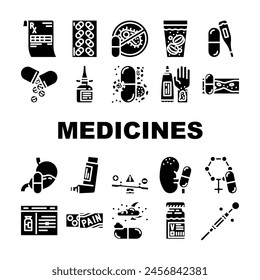 medicines pharmacy medical health icons set vector. prescription pill drug care, treatment doctor bottle hospital drugstore, tablet cure medicines pharmacy medical health glyph pictogram Illustrations