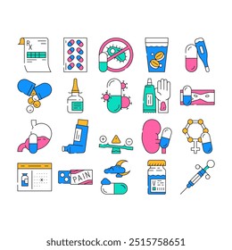 medicinas farmacia medicinas iconos de salud médica set Vector. cuidado de medicamentos con píldoras recetadas, tratamiento doctor botella hospital droguería, medicina de curación de tabletas farmacia salud médica color Ilustraciones de contorno