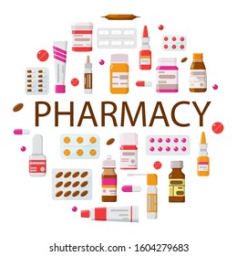 Medicines, pharmacy set of drugs. Round composition with
tablets, capsules, ointments, sprays. The concept of pharmaceuticals and drugs. Isolated on white. Flat style, vector illustration.