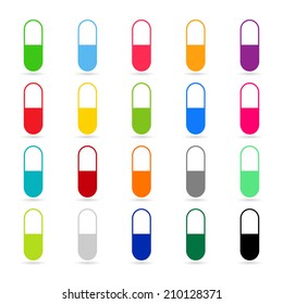 Medicines - pill or capsule vector icon set on white background
