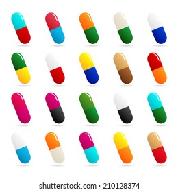 Medicines - pill or capsule vector icon set on white background