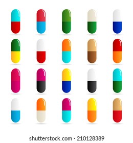 Medicines - pill or capsule vector icon set on white background