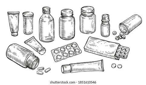 Medikamente, Tabletten und Flaschen skizzieren. Medizin, Pharmazie Konzept Vintage Vektorgrafik