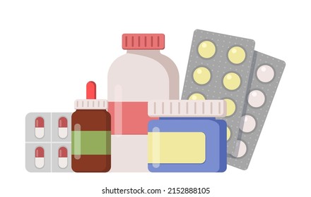 Medicines, pills and drops isolated on white background. First aid kit in flat style