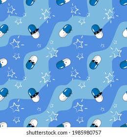 Medicines, pills emoji blue and white on a blue background with stars. Antibiotics, antidepressants, vitamins, analgesics. Print, printing on fabric. Seamless pattern. Vector illustration