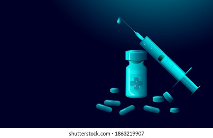 Medicines pills vaccine ampoule and syringe on dark background, neon gradient. Banner design with copy space. Vector stock illustration.