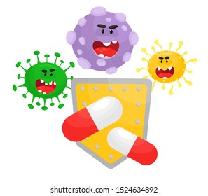 Medicines to protect against viruses, bacteria, germs, fungi, infections. Medical concept. Vector illustration in cartoon flat style.