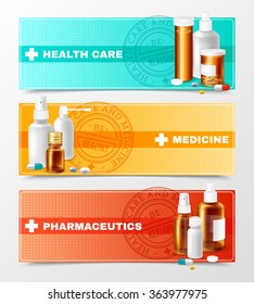 Medicines realistic horizontal banners set with health care and pharmaceutics symbols isolated vector illustration 
