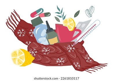 Medicines and remedies for colds and flu in winter scarf, flat cartoon vector illustration isolated on white background. Design for medical banners, pharmacy and drugs for seasonal flu or influenza.