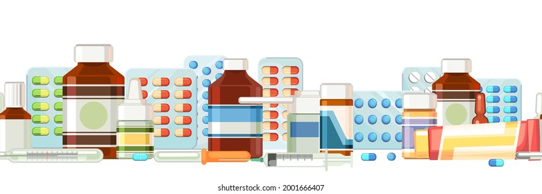 Medicinas. Ilustración perfecta con píldoras, cápsulas, pomada, frasco, termómetro, jeringa. Medicamentos. Productos farmacéuticos. Ambulancia. Farmacia. Diseño plano. Vector