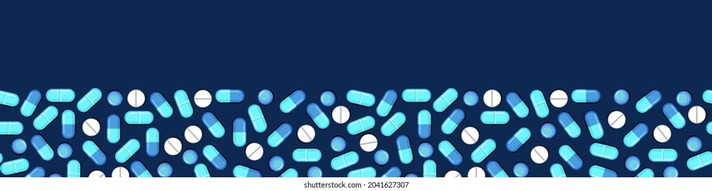 Medicines. Seamless illustration with pills and capsules. Medicinal drugs. Pharmaceuticals. Ambulance. Flat design. Dark background. Vector.