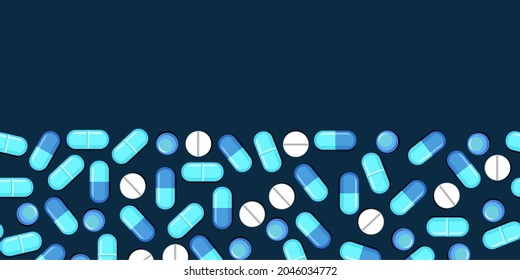 Medicines. Seamless illustration with pills and capsules. Close up. Medicinal drugs. Pharmaceuticals. Ambulance. Pharmacy. Flat design. Dark background. Vector.